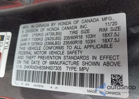 2021 Honda Cr-V Awd Ex-L from USA, damaged, VIN 2HKRW2H83MH607305